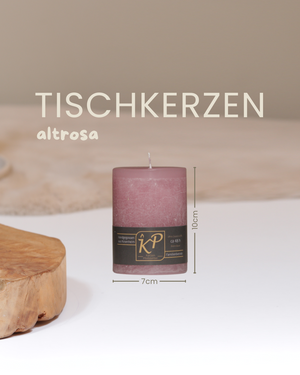 Tischkerze in altrosa mit Angaben zu Höhe und Durchmesser.