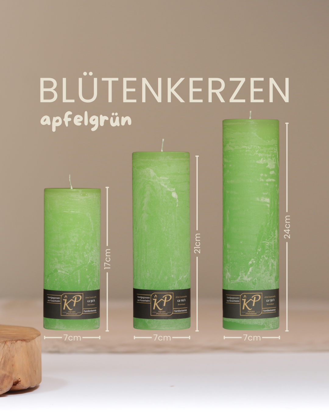 Blütenkerzen in apfelgrün in drei Größen mit Angaben zu Höhe und Durchmesser.