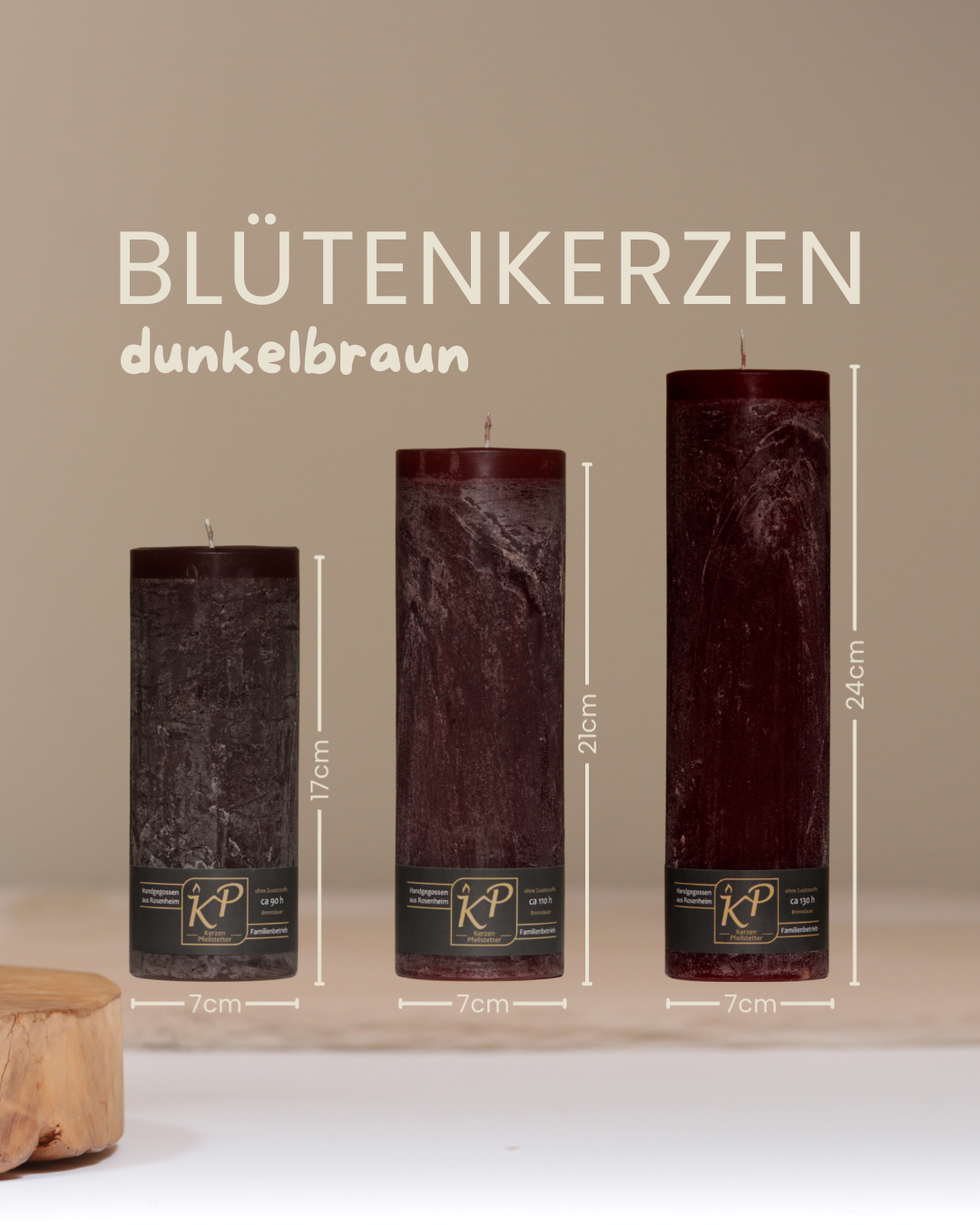 Blütenkerzen in dunkelbraun in drei Größen mit Angaben zu Höhe und Durchmesser.