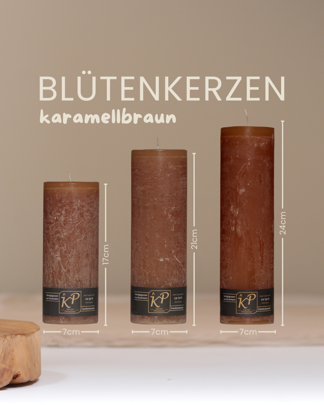 Blütenkerzen in karamellbraun in drei Größen mit Angaben zu Höhe und Durchmesser.