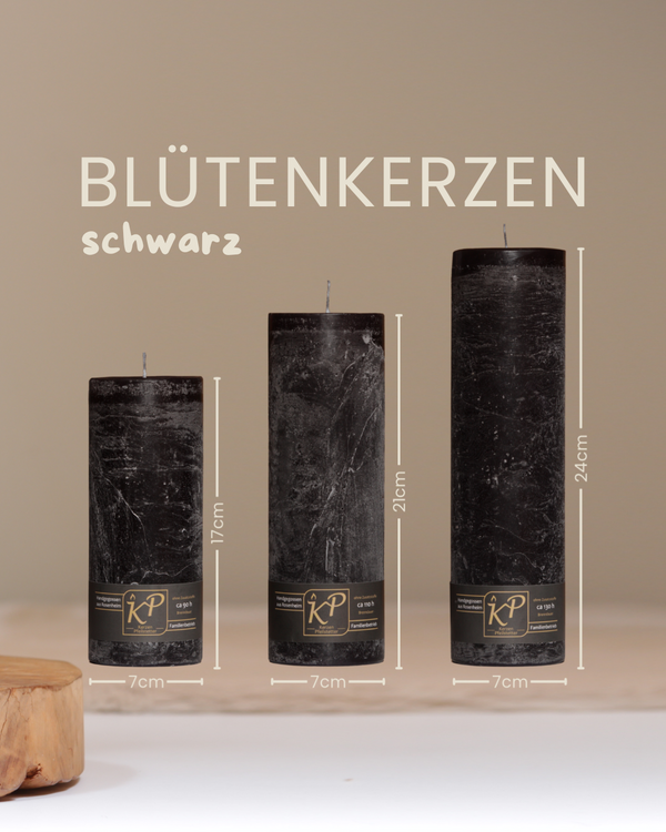 Blütenkerzen in schwarz in drei Größen mit Angaben zu Höhe und Durchmesser.