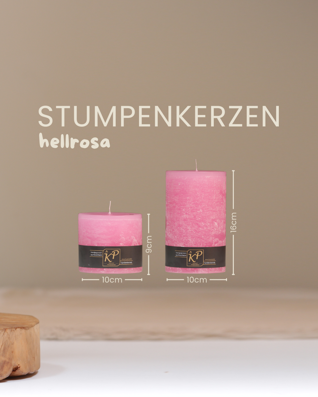 Stumpenkerzen in hellrosa in zwei Größen mit Angaben zu Höhe und Durchmesser.