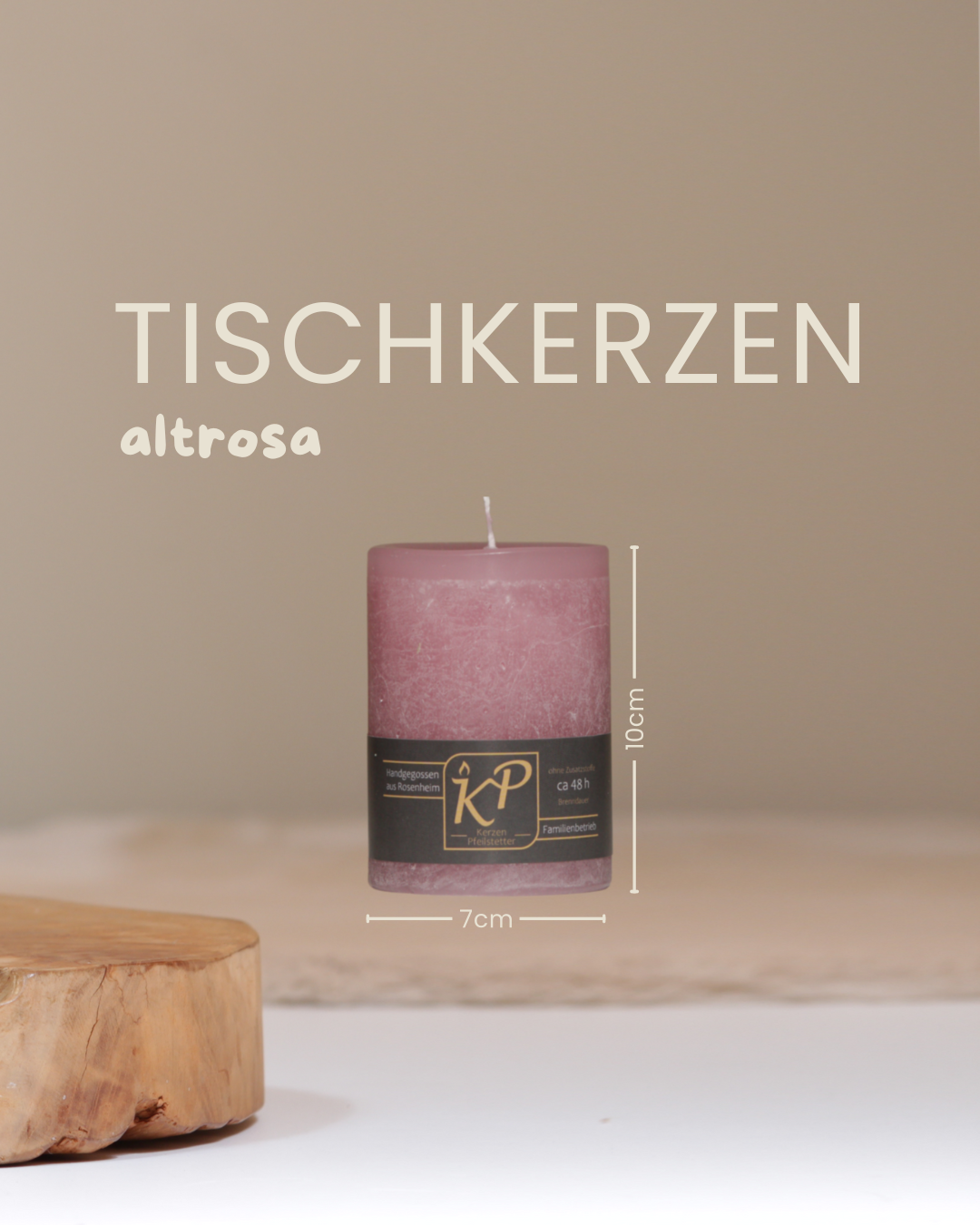 Tischkerze in altrosa mit Angaben zu Höhe und Durchmesser.